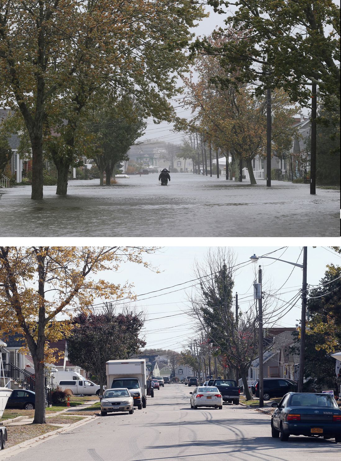 [Top] A lone figure makes his way down South 9th Street as high tide, rain and winds flood local streets on October 29, 2012 in Lindenhurst, New York. [Bottom] A scenic view of South 9th Street as photographed almost one year following Superstorm Sandy on October 22, 2013 in Lindenhurst, New York.